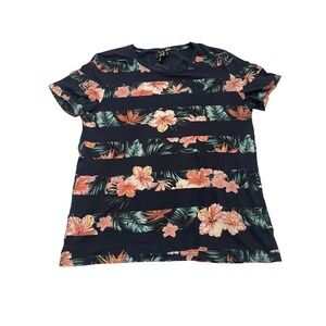 HM Mens Small Tropical Floral Striped T-Shirt Navy Blue Hibiscus Short Sleeve S